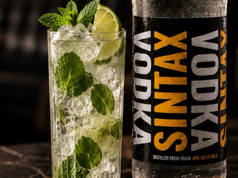 Mint fizz in a tall glass with fresh mint and lime, next to a bottle of SINTAX Vodka